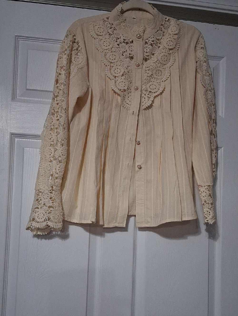 Lace,Lace & More Lace  Cream Lace-Trim Button Front Blouse SzXL Fits Like Large.